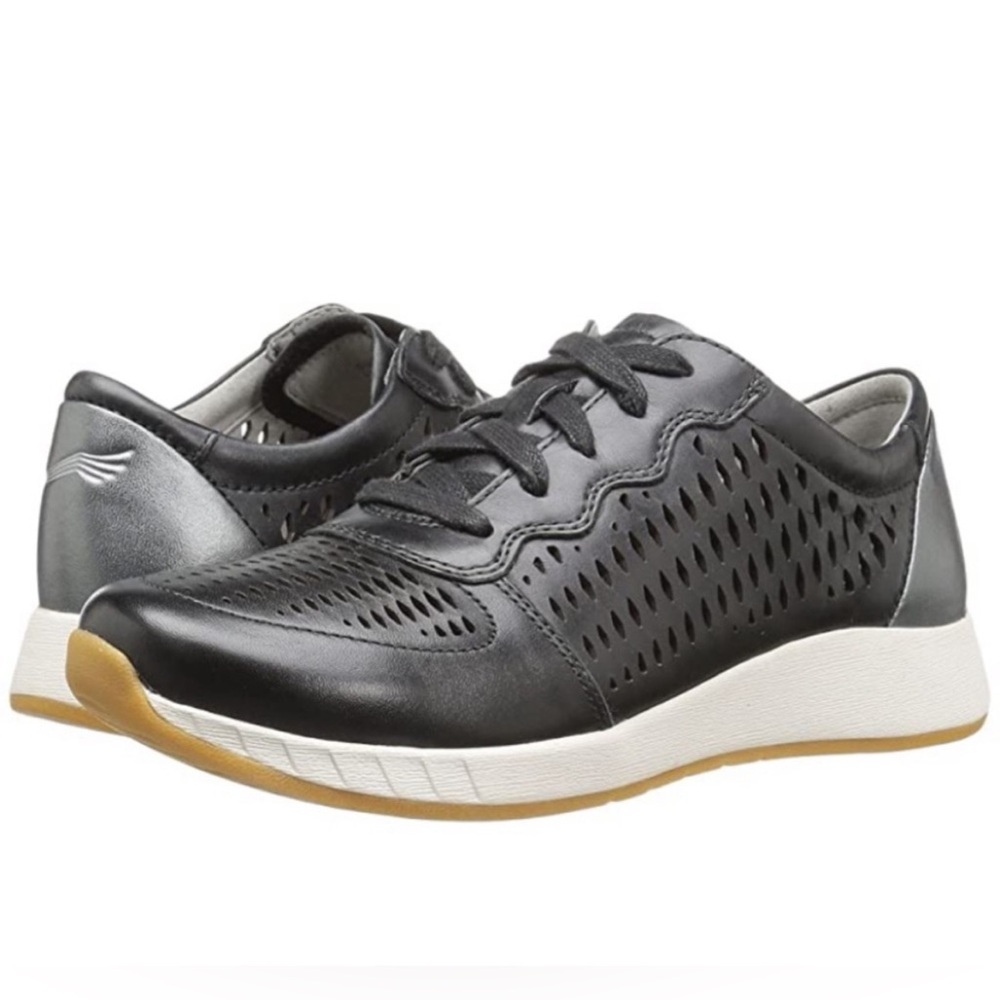 Dansko Charlie Black Perforated Leather Sneaker with Silver Heel Size EU 42